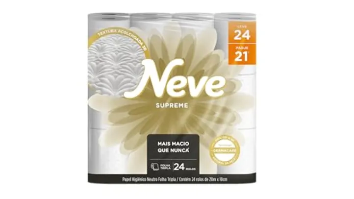 (PRIME) Neve Papel Higiênico Supreme Folha Tripla, 20m, Leve 24 Pague 21 Rolos