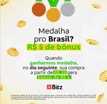 [Bitz] Ganhe R$5,00 ao gastar R$35,00 - Por medalha ganha pelo Brasil