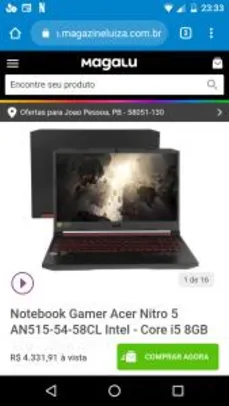 Notebook Gamer Acer Nitro 5 AN515-54-58CL Intel - Core i5 8GB 1TB 128GB SSD 15,6” Nvidia GTX 1650 R$4332