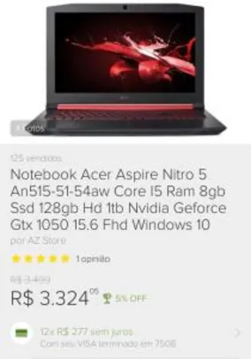 Notebook Acer Aspire Nitro 5 An515-51-54aw Core I5 Ram 8gb Ssd 128gb Hd 1tb Nvidia Geforce Gtx 1050 15.6 Fhd Windows 10 - R$3499
