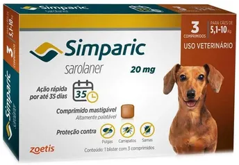 Simparic 20mg, 5,1 até 10kg, 03 Compr Zoetis para Cães | R$130