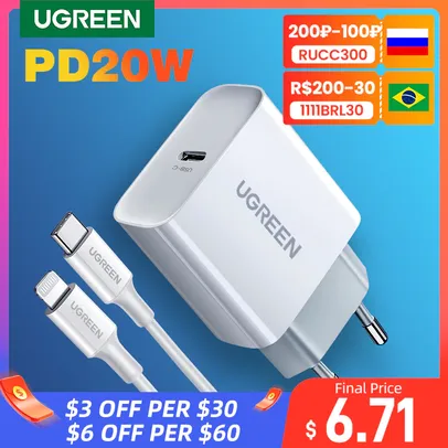 Carregador Rápido Ugreen USB Tipo-C 20W 