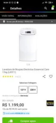 [De Volta R$ 300] Lavadora de Roupas Electrolux Essencial Care 11kg (LES11) | R$ 1200