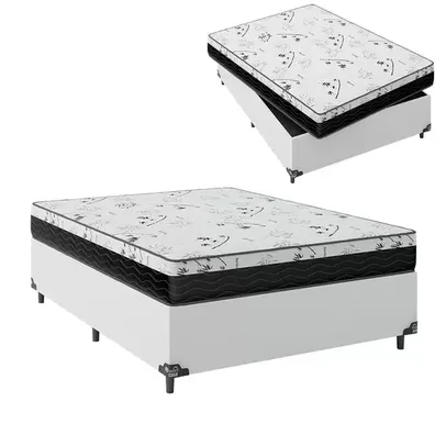 Cama Box Casal + Colchão D33 One Face - 56x138x188cm - Couro Branco