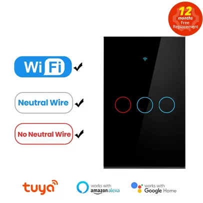 Interruptor de Luz Inteligente Wi-Fi, Tuya Touch, Compatível com Alexa Google Home