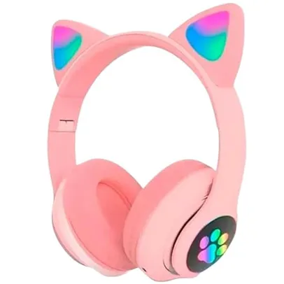 Head Fone Bluetooth Orelha De Gato Led Colorido (ROSA)