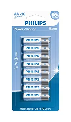 PHILIPS Pilha alcalina AA 1.5V com 16 unidades LR6P16B/59, Azul, branco e prata, padrão