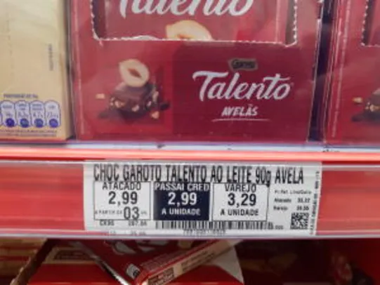 [Loja Física Assaí] Chocolate Talento Avelã e Castanha do Pará 90gr R$3
