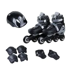 [AME R$60 SC R$18] Patins Infantil 4 Rodas In Line com Kit Proteção Tamanho 32-35 Preto - Brink+