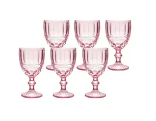 Jogo de 6 Taças Vidro Quartzo Rosa 240ml Alto Relevo Laço Verre, Vinhos, Sucos, Uísque, Água e Cerveja, Cálice para Festa e Casamento, Mimo Style