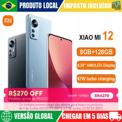 [Brasil] Smartphone Xiaomi Mi 12 8GB RAM 128GB ROM 5G Versão Global