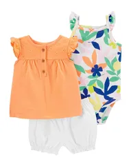 Conjunto curto bebê 3 peças laise e flores laranja | Carters 70% off