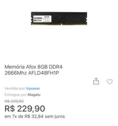 Memória RAM 8G 2666mhz Afox - R$230