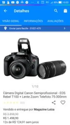 Câmera Semiprofissional Canon T100 + lentes 75-300mm R$ 1349