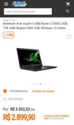 Acer Notebook Acer Aspire 3 AMD Ryzen 5 3500U, 8GB, 1TB, R$ 2899