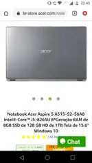 [BOLETO] Notebook Acer Aspire 5 A515-52-56A8 Intel® Core™ i5-8265U 8ªGeração RAM de 8GB SSD de 128 GB HD de 1TB Tela de 15.6" Windows 10