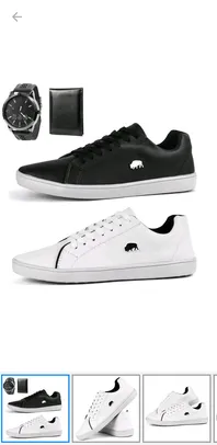 Kit 2 Pares Sapatênis Casual Sw Shoes Com Relógio e Carteira Branco e Preto | R$110