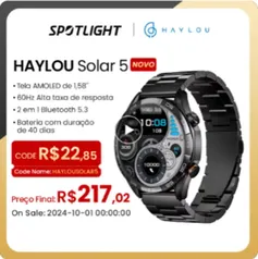 Relógio Inteligente HAYLOU Solar 5 com Tela AMOLED de 1,58" e 60Hz, Ligações Por Bluetooth e Bateria de 40 Dias