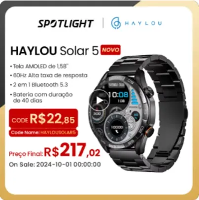 Relógio Inteligente HAYLOU Solar 5 com Tela AMOLED de 1,58" e 60Hz, Ligações Por Bluetooth e Bateria de 40 Dias