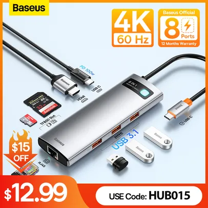 Baseus USB C Hub 6 em 1 Tipo C para HDMI compatível USB 3.1 Adaptador Ethernet Port 