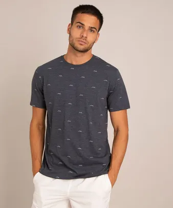 camiseta mini print de ondas manga curta gola careca azul marinho