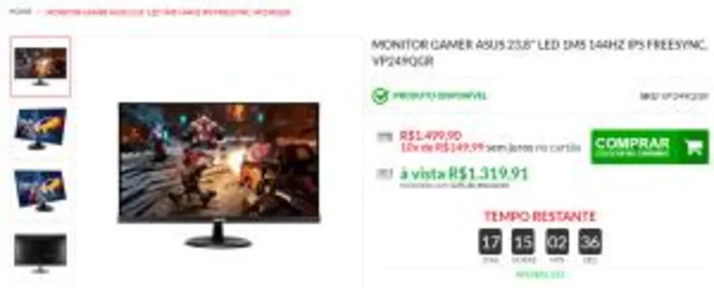 Monitor VP249QGR GAMER ASUS 23,8'' LED 1MS 144HZ IPS | R$1320