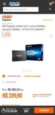 SSD Gigabyte 240GB, SATA, Leitura 500MB/s, Gravação 420MB/s - R$240