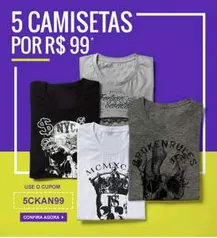 Promoção Padrão 5 camisetas masculinas por R$99