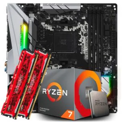 Kit Upgrade Placa Mãe ASRock B450M Steel Legend + Processador AMD Ryzen 7 2700 3.2GHz + Memória DDR4 16GB 3000MHz