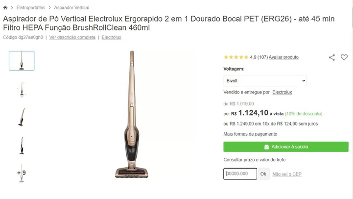 Aspirador de Pó Vertical Electrolux Ergorapido 2 em 1 Dourado Bocal PET (ERG26) - até 45 min Filtro HEPA Função BrushRollClean 460ml - Aspirador Verti