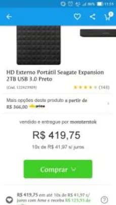 HD Externo Portátil Seagate Expansion 2TB USB 3.0 Preto R$357 (Com AME R$294)