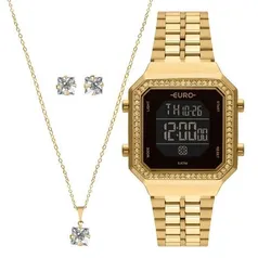 Kit Relógio Feminino Euro Fashion Fit Diamond Dourado  EUBJK032AB/4P Colar e Brincos