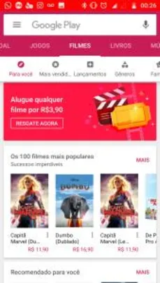 Google Play Filmes - Aluguel de filmes por R$3,90