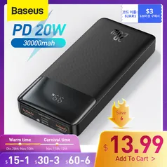 [Disponíveis às 21:00 hrs] Power Bank 30000mAh Baseus