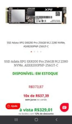 SSD Adata XPG SX8200 Pro 256GB M.2 2280 NVMe - R$329