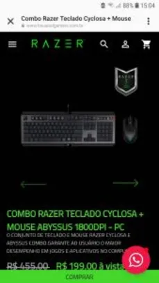 COMBO RAZER TECLADO CYCLOSA + MOUSE ABYSSUS 1800DPI - PC | R$ 199