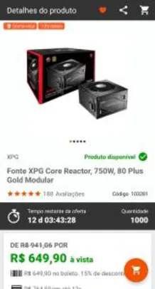 Fonte XPG Core Reactor, 750W, 80 Plus Gold Modular | R$ 650