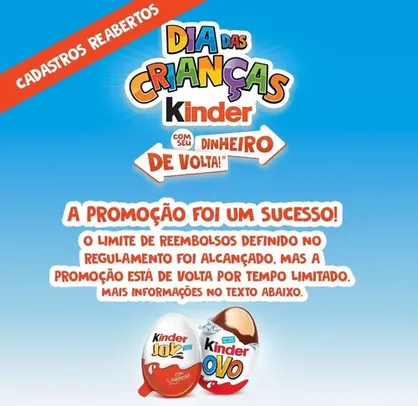 [Promoção voltou] Compre Produtos Kinder e receba no Pix o valor de volta no Dia das Crianças KINDER