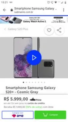 [R$4.999 Super cashback com AME] -Smartphone Samsung Galaxy S20+ - Cosmic Gray
