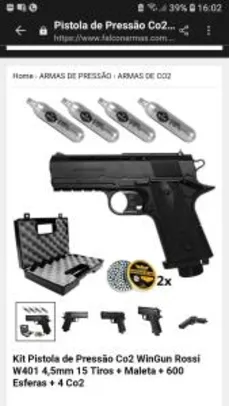 Kit Pistola de Pressão Co2 WinGun Rossi W401 4,5mm 15 Tiros + Maleta + 600 Esferas + 4 Co2 - R$298