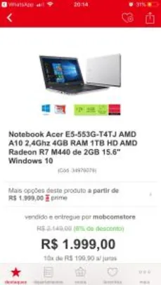 Notebook Acer E5-553G-T4TJ AMD A10 2,4Ghz 4GB RAM 1TB HD AMD Radeon R7 M440 de 2GB 15.6" Windows 10 - R$1999