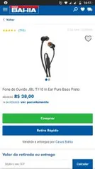 Fone de Ouvido JBL T110 In Ear Pure Bass Preto