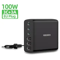 [Taxa Inclusa/ Gpay R$107] Carregador Rápido Multi 100W (3 entradas USB-A e 3 entradas USB-C) - Rocoren