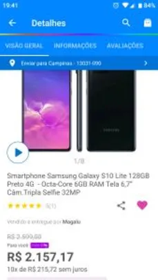 [APP + Clube da Lu] Samsung Galaxy S10 Lite 128GB