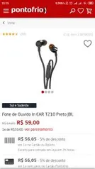 Fone de Ouvido In EAR T210 Preto JBL - R$56