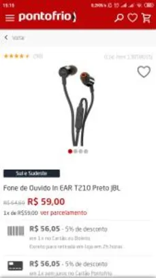 Fone de Ouvido In EAR T210 Preto JBL - R$56