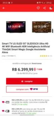 Smart TV LG OLED 55'' OLED55CX Ultra HD 4K WiFi Bluetooth HDR Inteligência Artificial ThinQAI Smart Magic Google Assistente Alexa