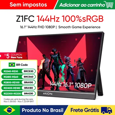 [Do Brasil] Monitor Gamer Portatil ARZOPA sRGB FHD 144Hz - Multiplataforma