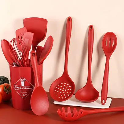 [CONTA NOVA R$ 5/IMPOSTO INCLUSO] Conjunto de Utensílios de Cozinha de Madeira/Silicone 13 Pçs