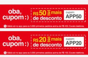 [APP] - Cupom de R$50 ou R$20 Americanas